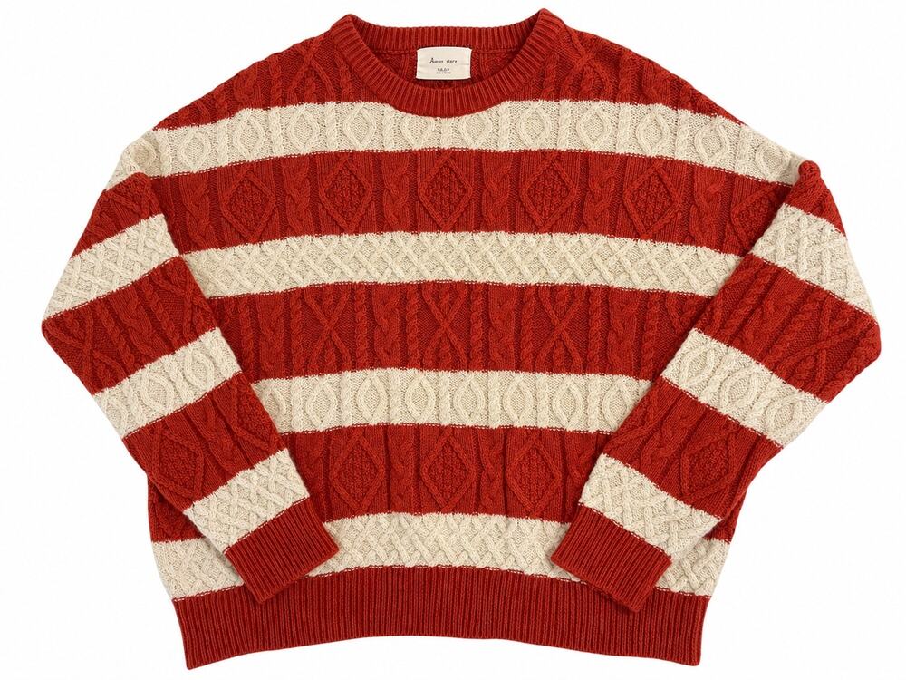 Ameinn Story Chunky Orange and Cream Striped Cable Knit Cozy Sweater